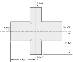 Reducer 4-way cross tube 6" by 4", tumbled finish