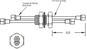 1 inch grondplaatdoorvoer met dubbele buis en 1/4" Swagelok-fittingen aan beide zijden